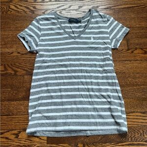 Polo Ralph Lauren Gray White Striped V-Neck Tee Shirt Size S
